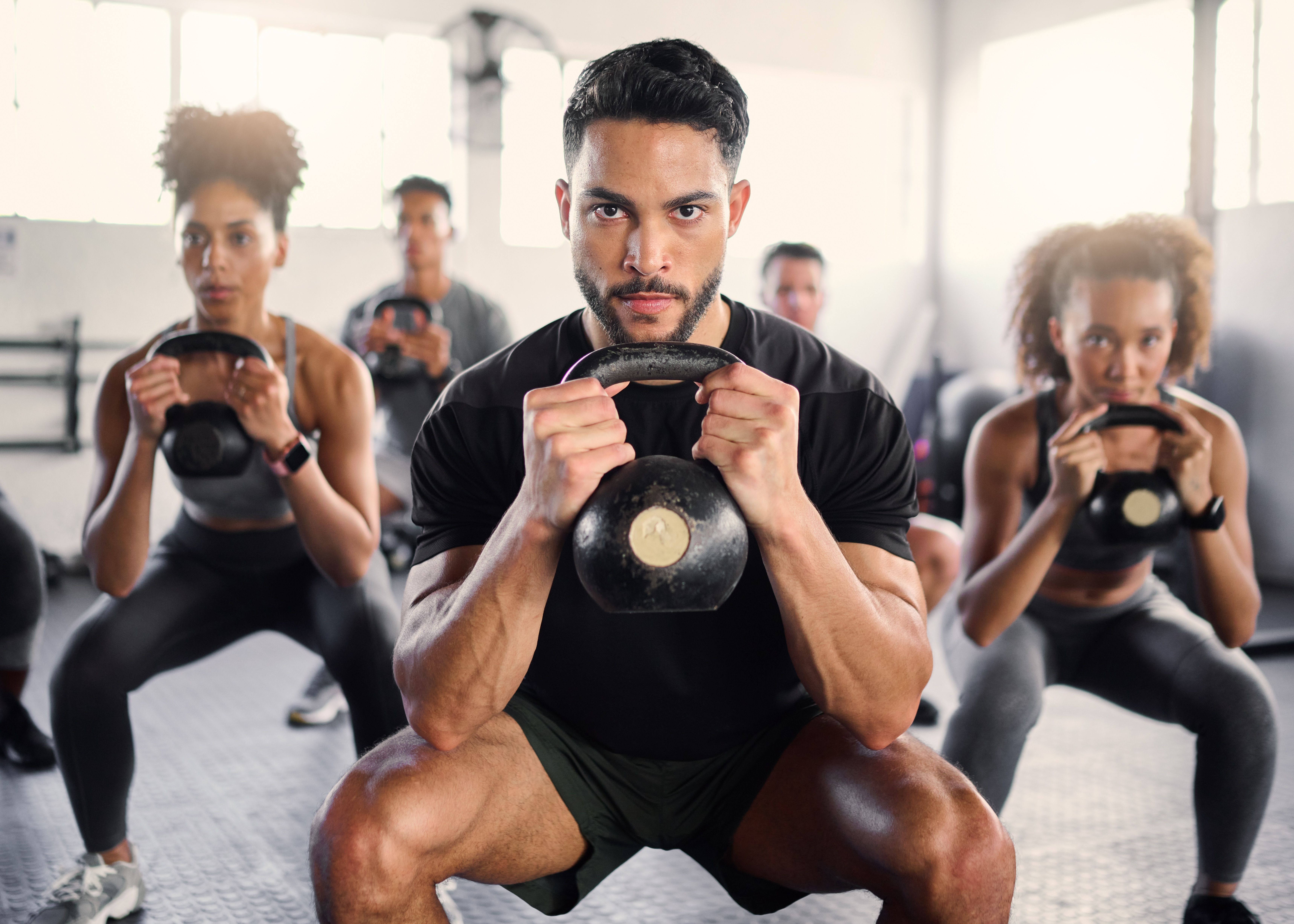 Focused workout group training with kettlebells